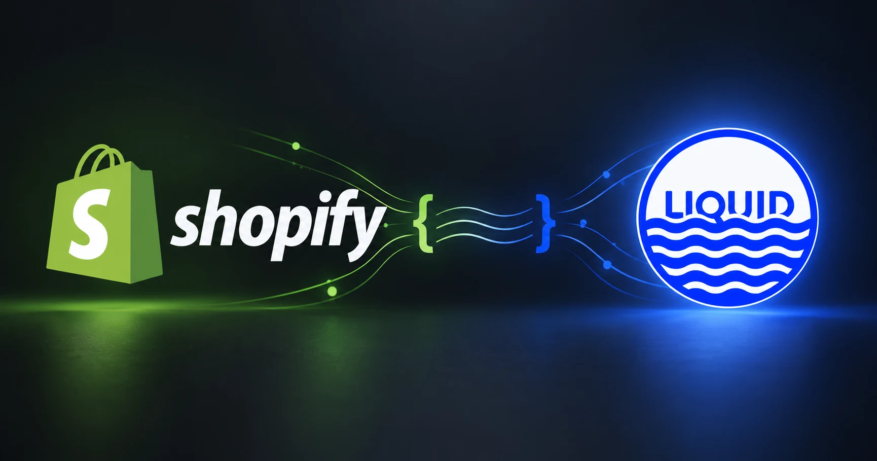 Logotipos de Shopify y Liquid conectados por llaves de plantilla sobre un fondo oscuro