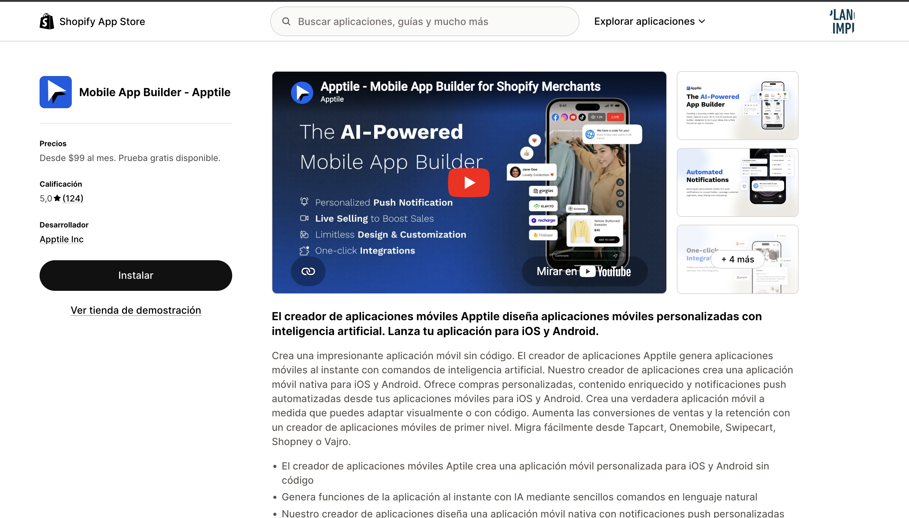 Captura de Apptile en Shopify App Store