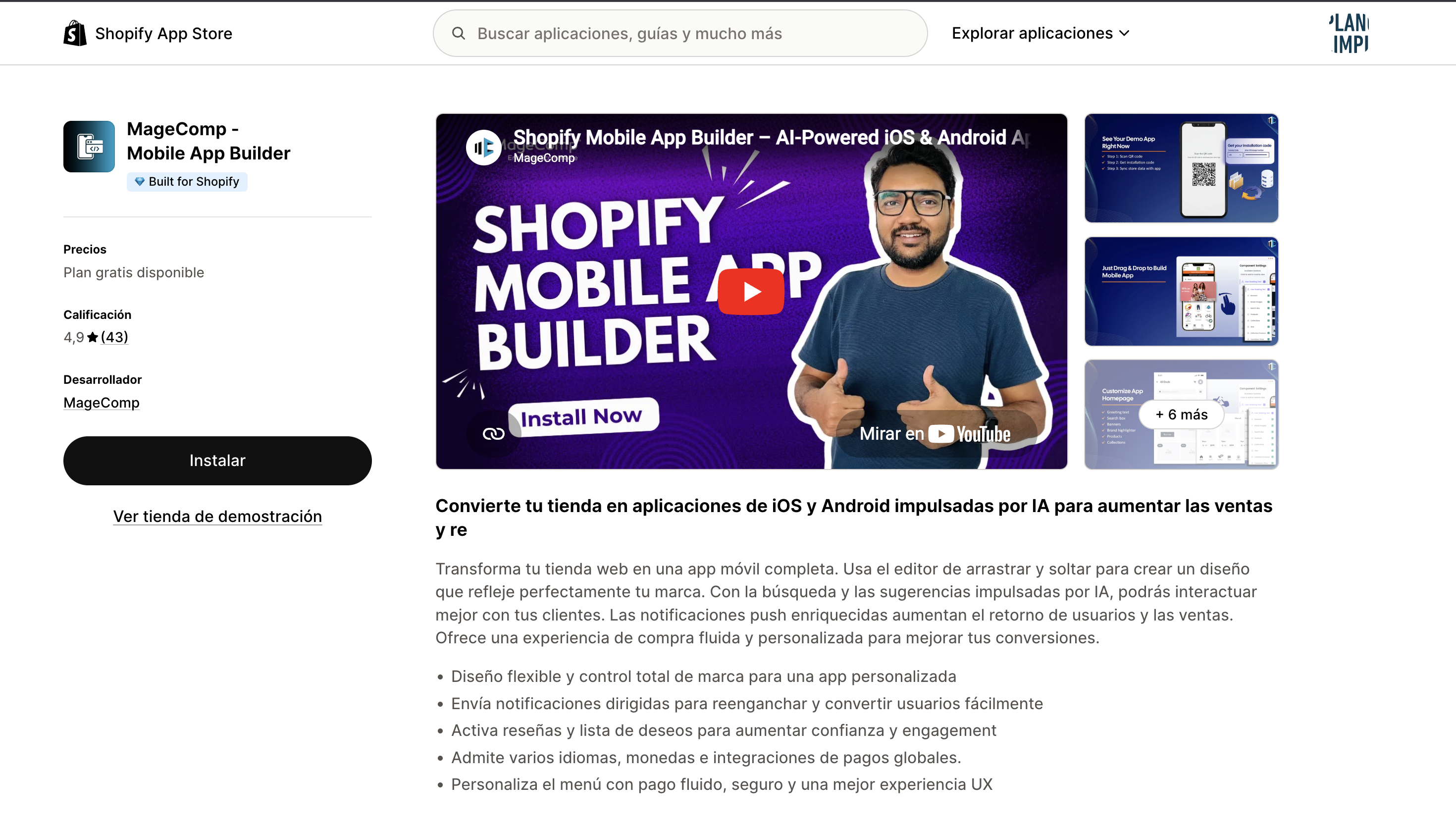 Captura de MageComp en Shopify App Store