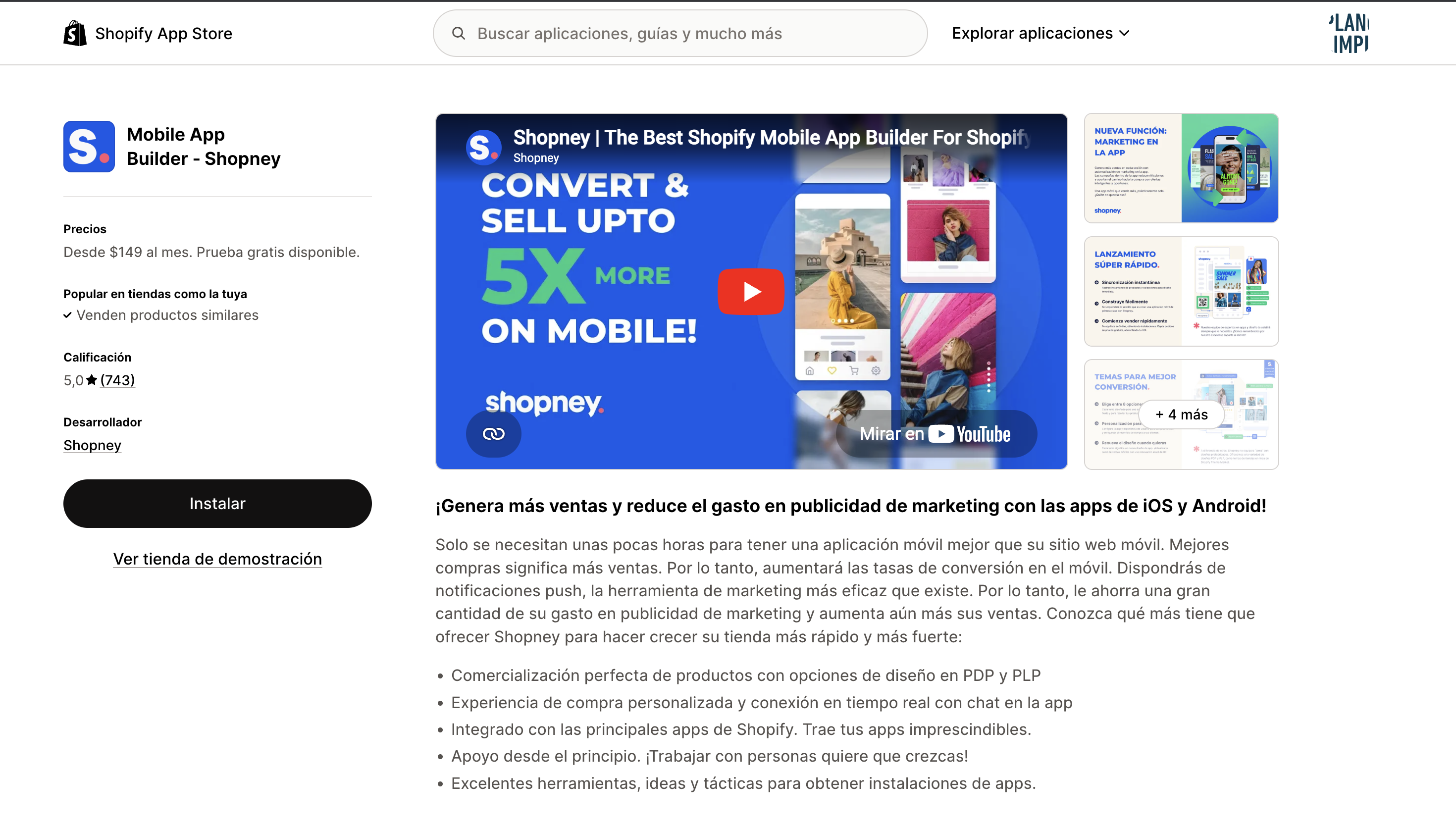 Captura de Shopney en Shopify App Store