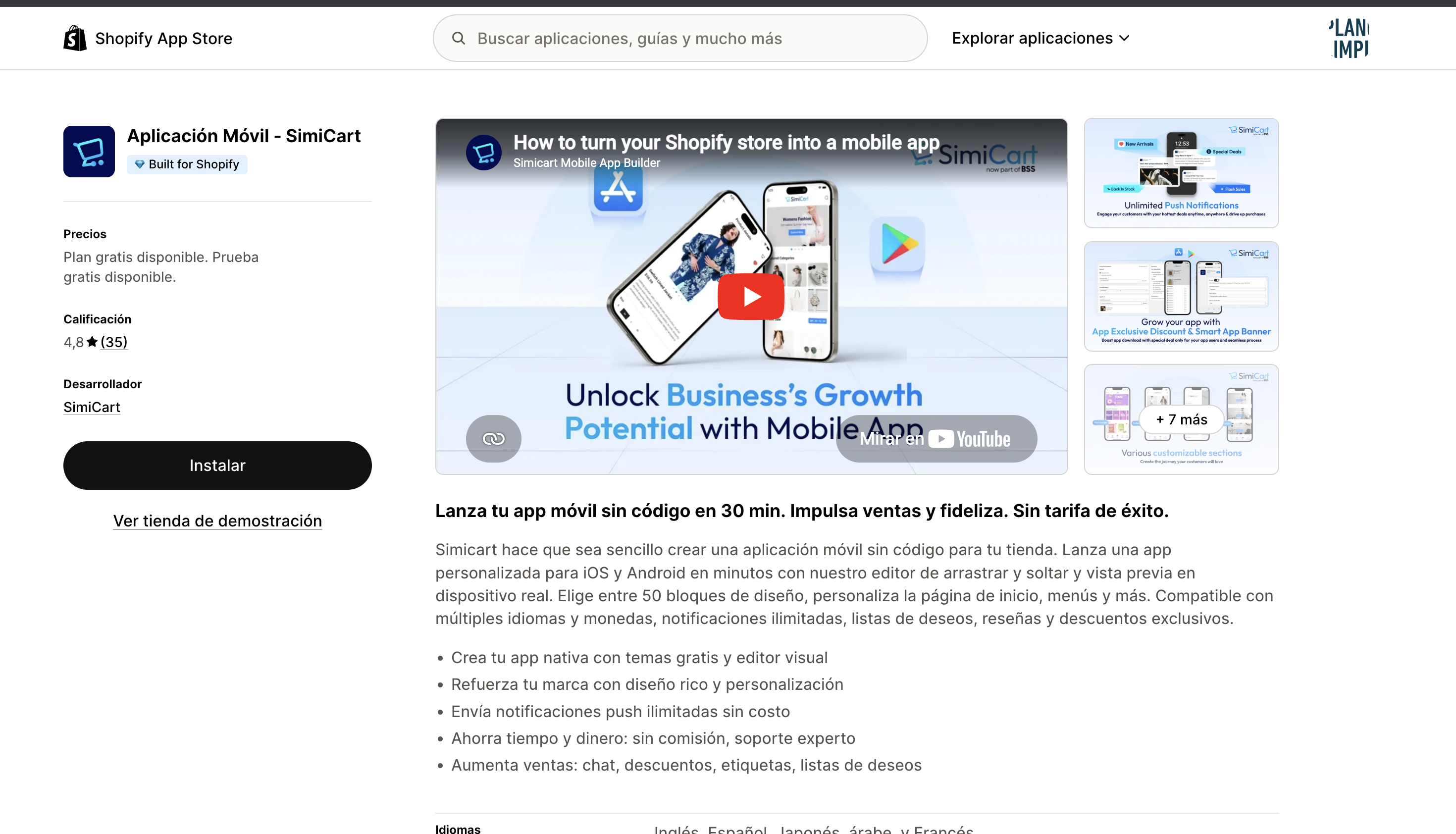 Captura de SimiCart en Shopify App Store
