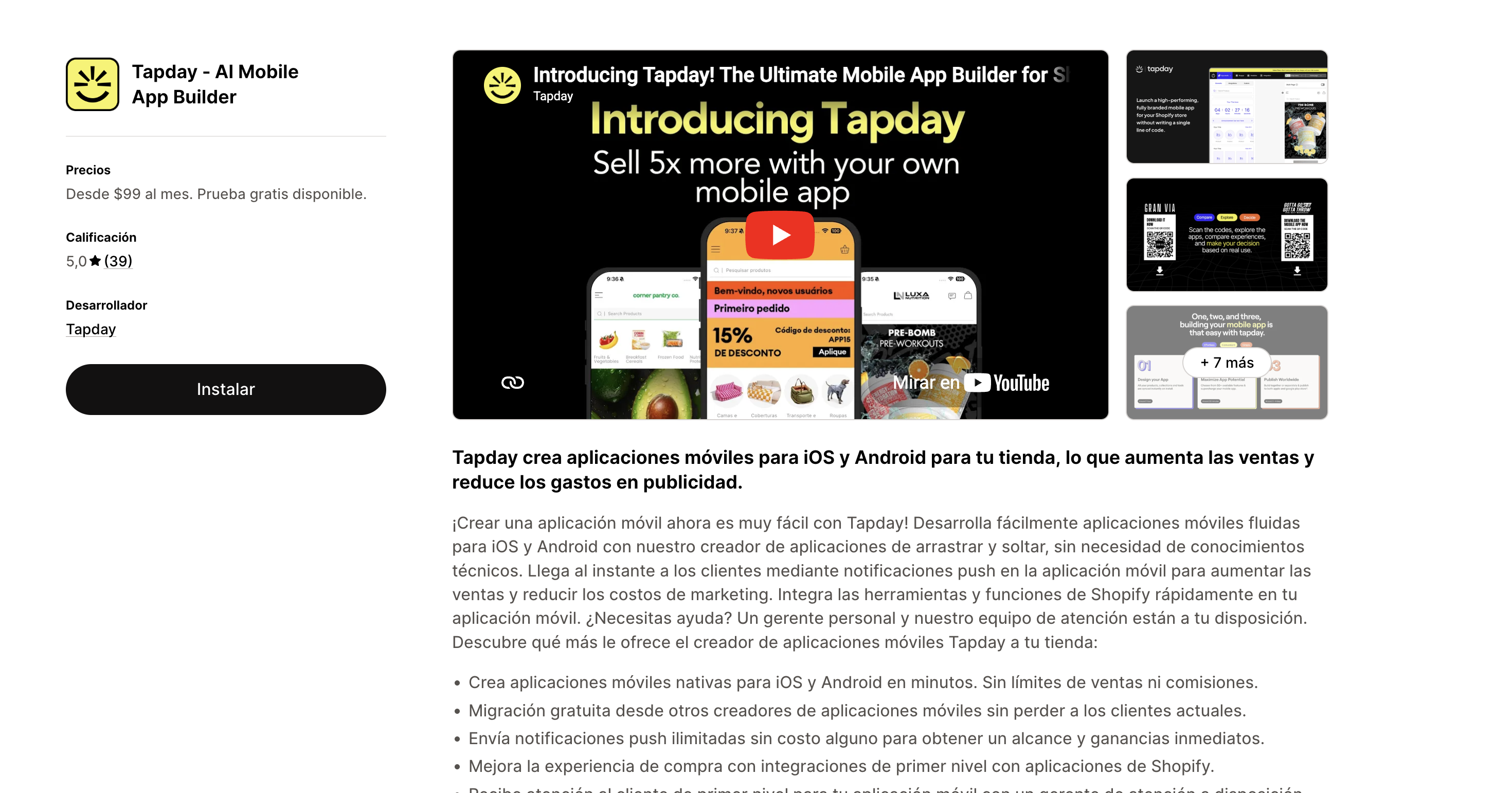 Captura de Tapday en Shopify App Store