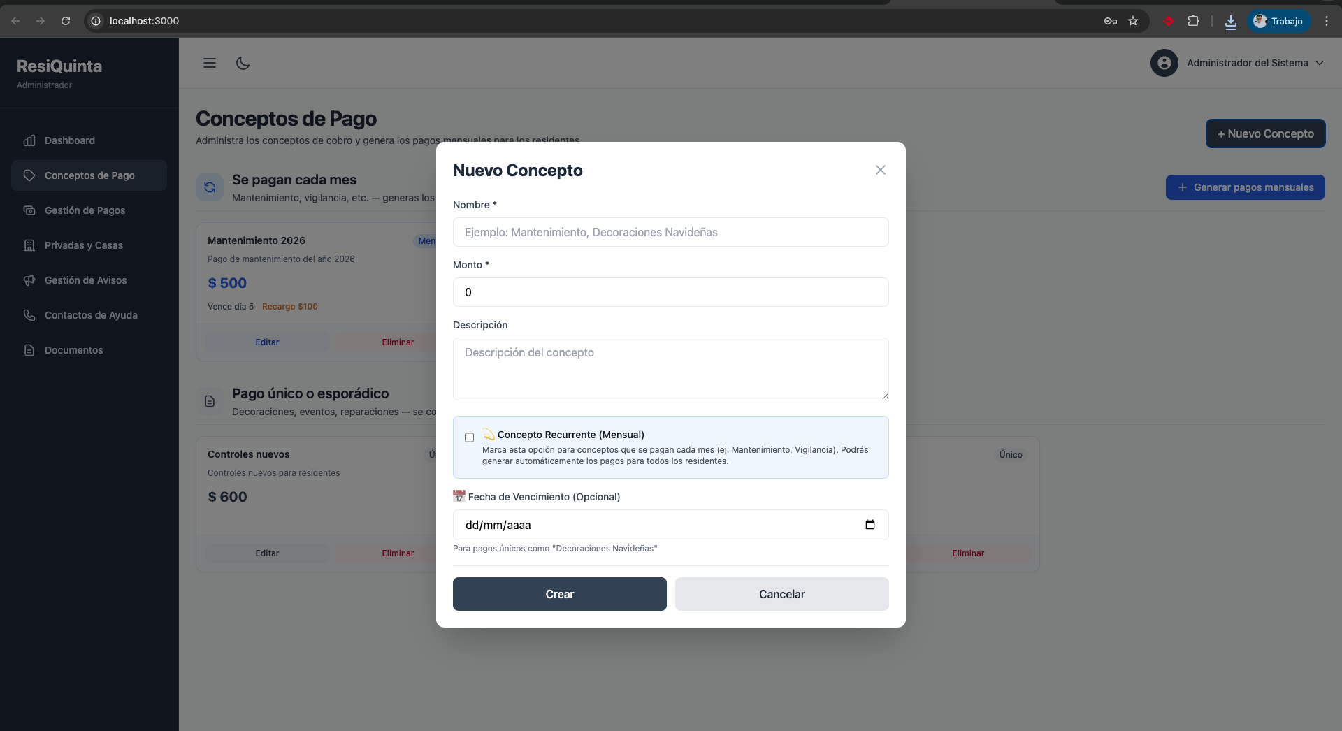 Modal de creación de concepto recurrente dentro del sistema